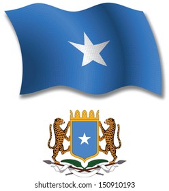 somalia shadowed textured wavy flag and coat of arms against white background, vector art illustration, image contains transparency transparency