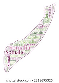 Somalia shape filled with country name in many languages. Somalia map in wordcloud style. Captivating vector illustration.