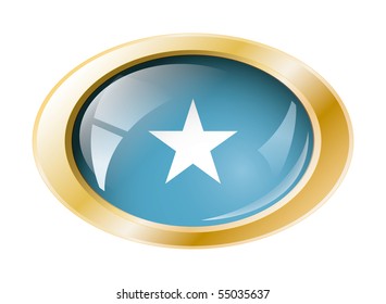 Somalia shiny button flag with golden ring vector illustration. Isolated abstract object against white background.