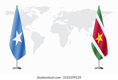 Somalia and Suriname flags for official meeting against background of world map.