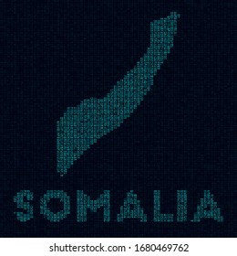 Mapa tecnológico de Somalia. Símbolo de país de estilo digital. Cibermapa de Somalia con el nombre del país. Ilustración vectorial radiante.