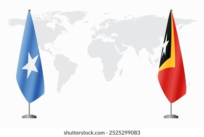 Somalia and Timor-Leste flags for official meeting against background of world map.