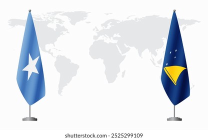 Somalia and Tokelau flags for official meeting against background of world map.