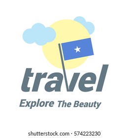 Somalia Travel Country Flag Logo. Explore the The Beauty lettering with Sun and Clouds and creative waving flag. travel company logo design - vector illustration