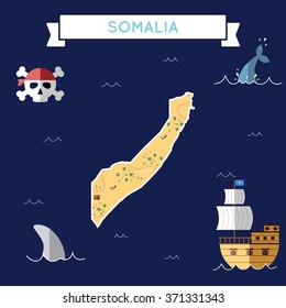 Somalia treasure map in flat design. Colorful cartoon treasure map of Somalia with flat design icons of pirate ship and jolly roger. Somalia flat design vector illustration.