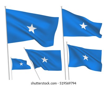 Somalia vector flags set. 5 wavy 3D cloth pennants fluttering on the wind. EPS 8 created using gradient meshes isolated on white background. Five fabric flagstaff design elements from world collection