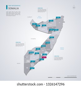 Somalia vector map with infographic elements, pointer marks. Editable template with regions, cities and capital Mogadishu. 