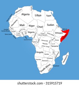 Somalia vector map silhouette isolated on Africa map. Editable vector map of Africa.