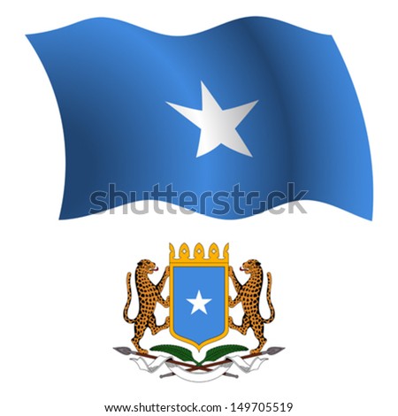 somalia wavy flag and coat of arm against white background, vector art illustration, image contains transparency