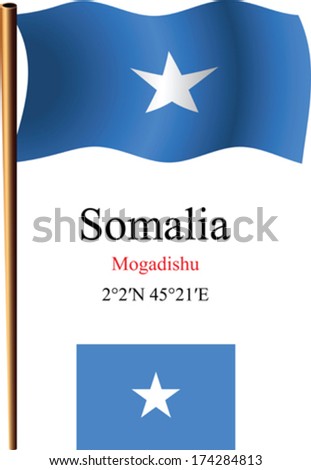 somalia wavy flag and coordinates against white background, vector art illustration, image contains transparency