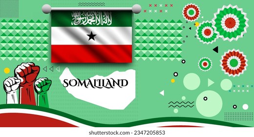 Somaliland banner for national day with abstract modern design. Somaliland flag and map with typography. raised fists and embroidery background.  independence day. Vector Illustration.