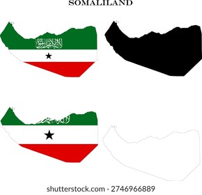 Somaliland Country Maps Bundle with National Flag, Black Silhouette and Detailed Outline Contours
