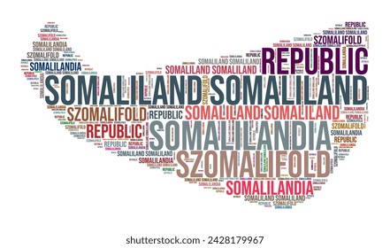 Nube de palabras en forma de país de Somalilandia. Ilustración de país estilo tipográfico. Imagen de Somalilandia en estilo de nube de texto. Ilustración vectorial.