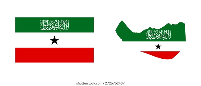 Bandera de Somalilandia en formatos Horizontales estándar y de contorno de mapa sobre un fondo blanco. Ilustración vectorial del símbolo nacional con la Shahada islámica y la estrella negra.