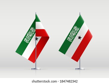 Somaliland flag state symbol isolated on background national banner. Greeting card National Independence Day of the Republic of Somaliland. Illustration banner with realistic state flag.