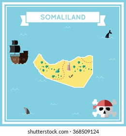 Somaliland flat treasure map. Colorful cartoon treasure map of Somaliland with flat icons of pirate ship, jolly roger, treasure chest and banner ribbon. Flat design vector illustration.