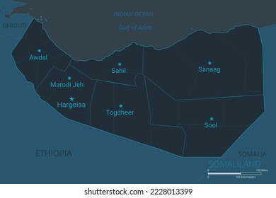 Somaliland map. High detailed map of Somaliland with countries, borders, cities, water objects. Vector illustration eps10.