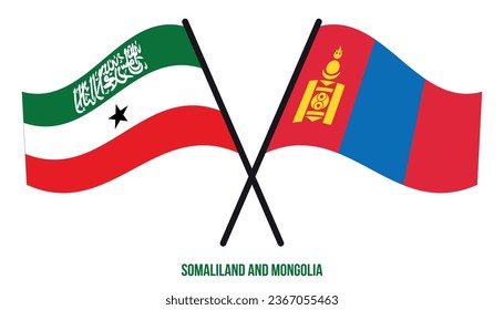 Banderas de Somalilandia y Mongolia Cruzadas y ondeadas de estilo plano. Proporción oficial. Colores correctos.