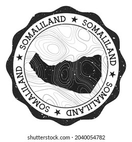 Somaliland outdoor stamp. Round sticker with map of country with topographic isolines. Vector illustration. Can be used as insignia, logotype, label, sticker or badge of the Somaliland.