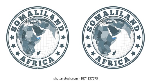 Somaliland round logos. Circular badges of country with map of Somaliland in world context. Plain and textured country stamps. Vector illustration..