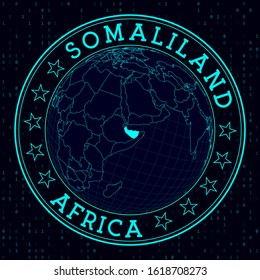 Somaliland round sign. Futuristic satellite view of the world centered to Somaliland. Country badge with map, round text and binary background. Classy vector illustration.