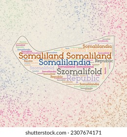 Somaliland shape with country names word cloud in multiple languages. Somaliland border map on charming triangles scattered around. Cool vector illustration.