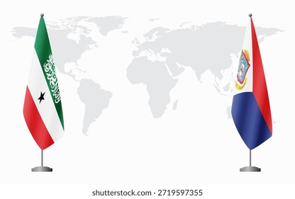 Somalilândia e São Martinho bandeiras para reunião oficial contra fundo do mapa do mundo.