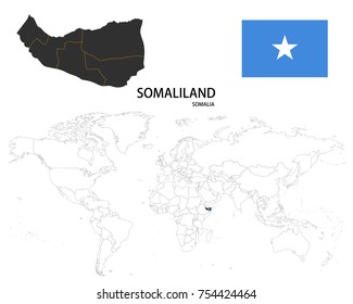 Somaliland (Somalia) map on a world map with flag on white background.