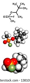 Soman nerve agent, molecular model. Soman is a chemical weapon, classified as a weapon of mass destruction. Atoms are represented as spheres with conventional color coding