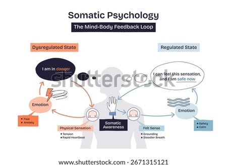 Somatic psychology mind-body feedback loop shows transition from dysregulated to regulated state using human silhouette, arrows, and emotion bubbles. Doodle style diagram