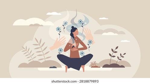 Somatic therapy healing shows a calm woman meditating as supportive hands and flowers symbolize body mind regulation and self soothing, key objects, woman, hands, flowers. Tiny style