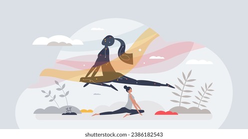 Somatics as body mental and physical retreat for wellness tiny person concept. Mind relaxation and pose for yoga activity vector illustration. Balance workout for healthy figure and mindfulness. svg