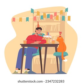 Somber, Isolated Man Celebrates His Birthday Accompanied Only By His Loyal Cat, Sad Male Character Finding Solace And Companionship In The Feline Presence. Cartoon People Vector Illustration