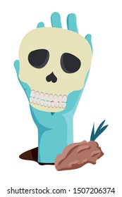 sombie hand lifting skull head halloween