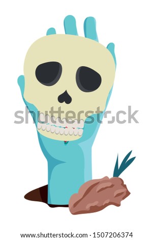 sombie hand lifting skull head halloween