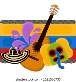 Sombreo vueltiao, marimaonda mask and guitar over a flag of Colombia. Representative image of colombia - Vector