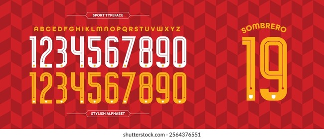 Sombrero 19: Red sport jersey template with bold striped patterns. Includes A-Z characters and numbers for a standout style.