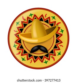 Sombrero and black mustache on background of mexican ornament painted plate