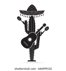 Sombrero cactus, guitar, maracas and hat icon, Mexican style