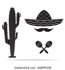 Sombrero cactus, maracas and hat icon, Mexican style