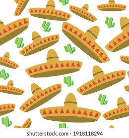 Sombrero and cactus seamless pattern, isolated. Flat vector stock illustration. Mexican cactus, hat. Pattern with a sombrero for printing on fabric, textile. Sombrero pattern isolated