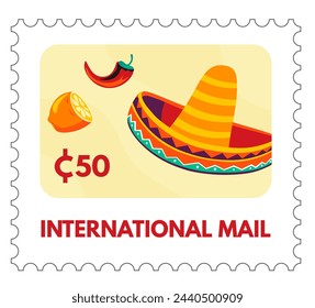 Sombrero and citrus, festive design, vector stamp illustration.