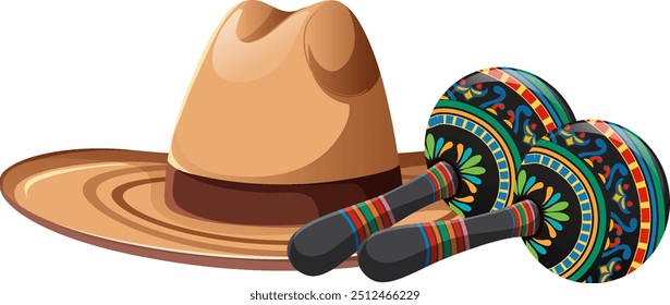 Sombrero e ilustração de maracas coloridas