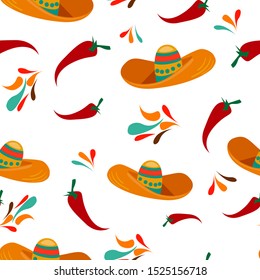 Sombrero with flowers with pepper print for textiles. Mexican theme vector illustration pattern seamless.