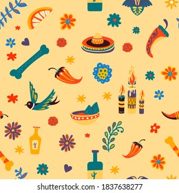 Sombrero and flying bird, bone and chilli pepper seamless pattern. Traditional mexican symbols and cultural icons. Slice of lime or lemon, tequila and burning candles and flowers, vector in flat style