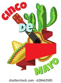 Sombrero and guitar are interwoven with a red banner. In the background is a cactus. Around the picture inscription Cinco de Mayo. Isolated image on a transparent background.