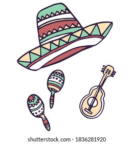 Sombrero and guitar on white isolated backdrop. Day of the dead symbol for invitation or gift card, notebook, bath tile, scrapbook Phone case or cloth print Doodle style stock vector illustration