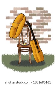 Sombrero and guitar, tequila on a chair. vector illustration
