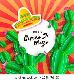 Sombrero hat, Cactus in paper cut style. Pink flowers. Happy Cinco de Mayo Greeting card. Mexico, Carnival. Circe frame on red. Space for text.