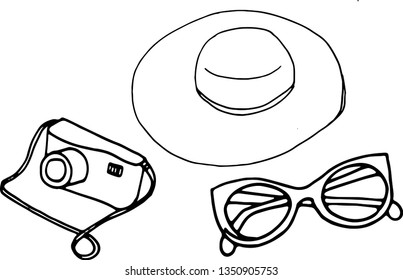 Sombrero hat, camera and glasses icon vector. Doodle sketch design. Black and white color.